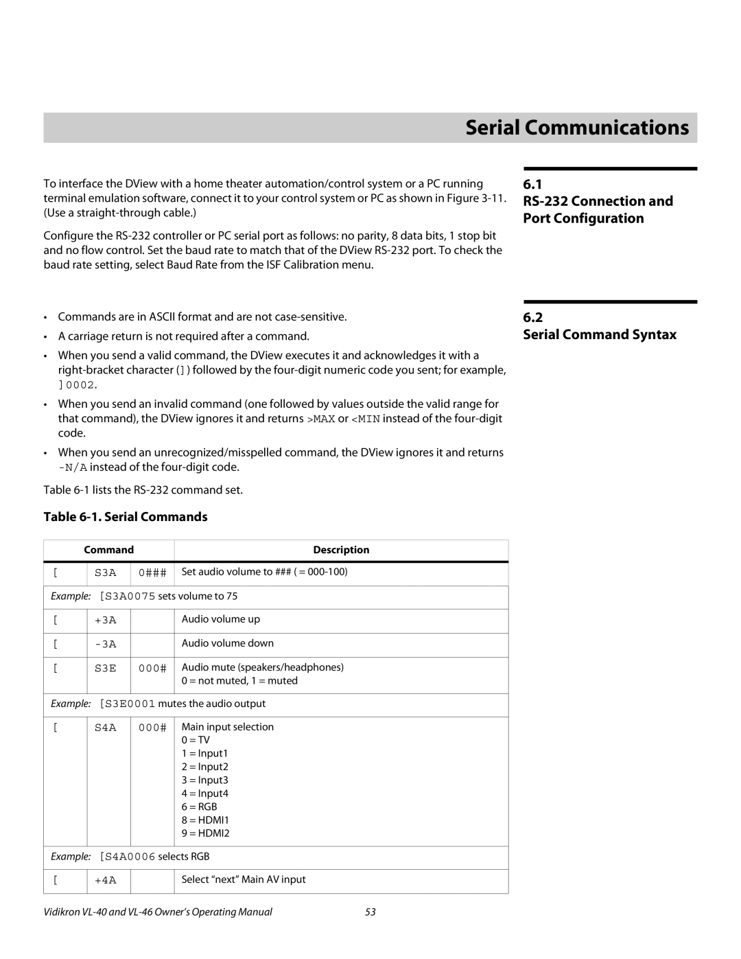 Runco VL-46 manual 6Serial Communications, Serial Command Syntax, RS-232 Connection and Port Configuration, Serial Commands 