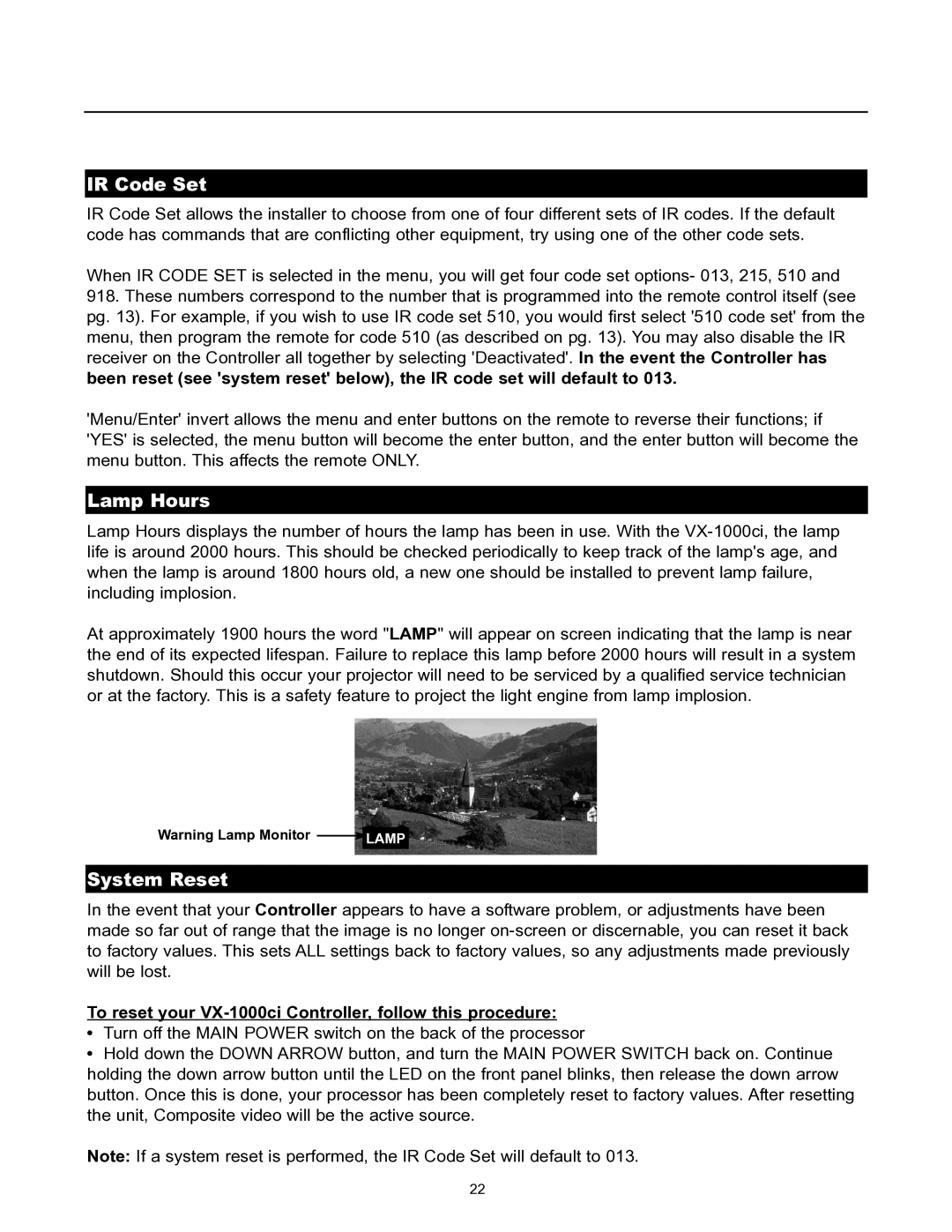 Runco VX-1000CI manual IR Code Set, Lamp Hours, System Reset, To reset your VX-1000ci Controller, follow this procedure 