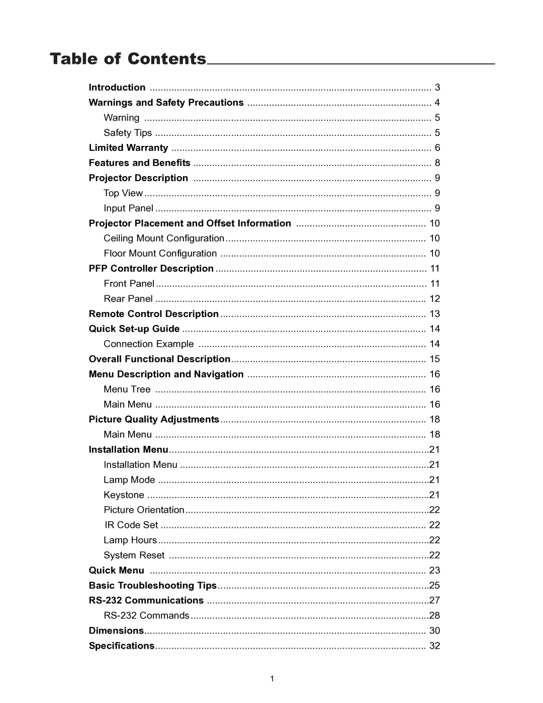 Runco VX-1000CI manual Table of Contents 