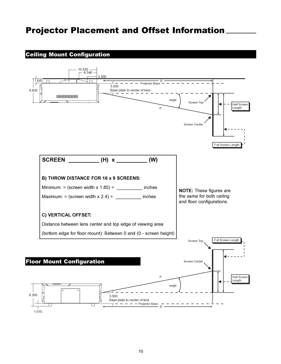 Runco VX-1000CI manual Projector Placement and Offset Information, Ceiling Mount Configuration, Floor Mount Configuration 