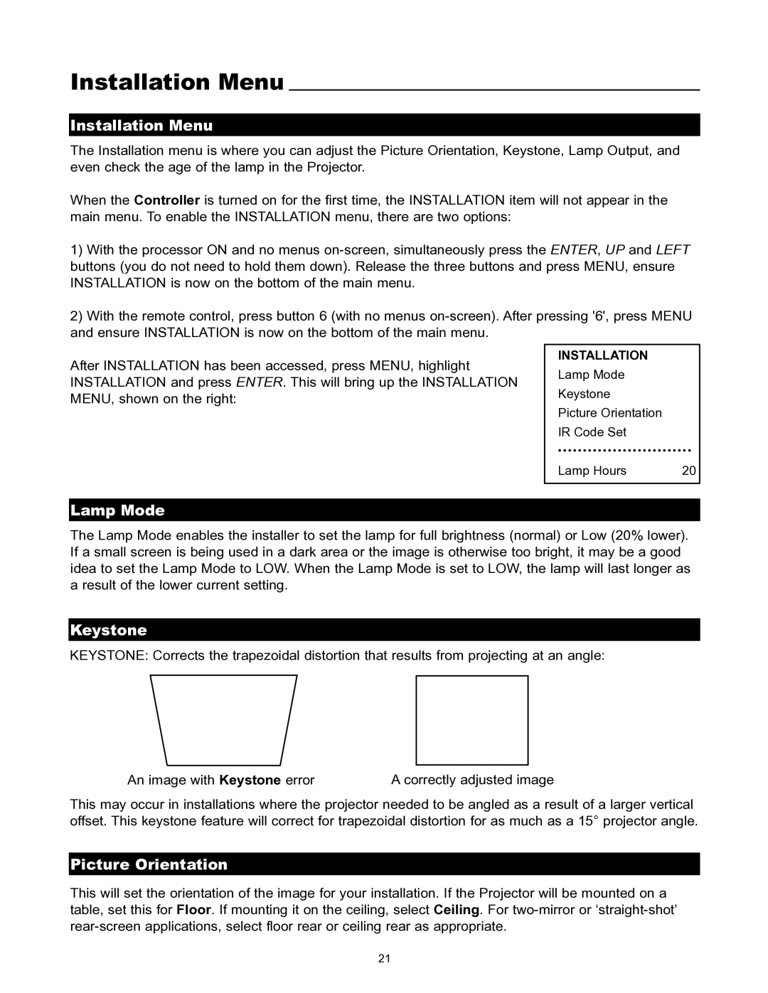 Runco VX-1000CI manual Installation Menu, Lamp Mode, Keystone, Picture Orientation 