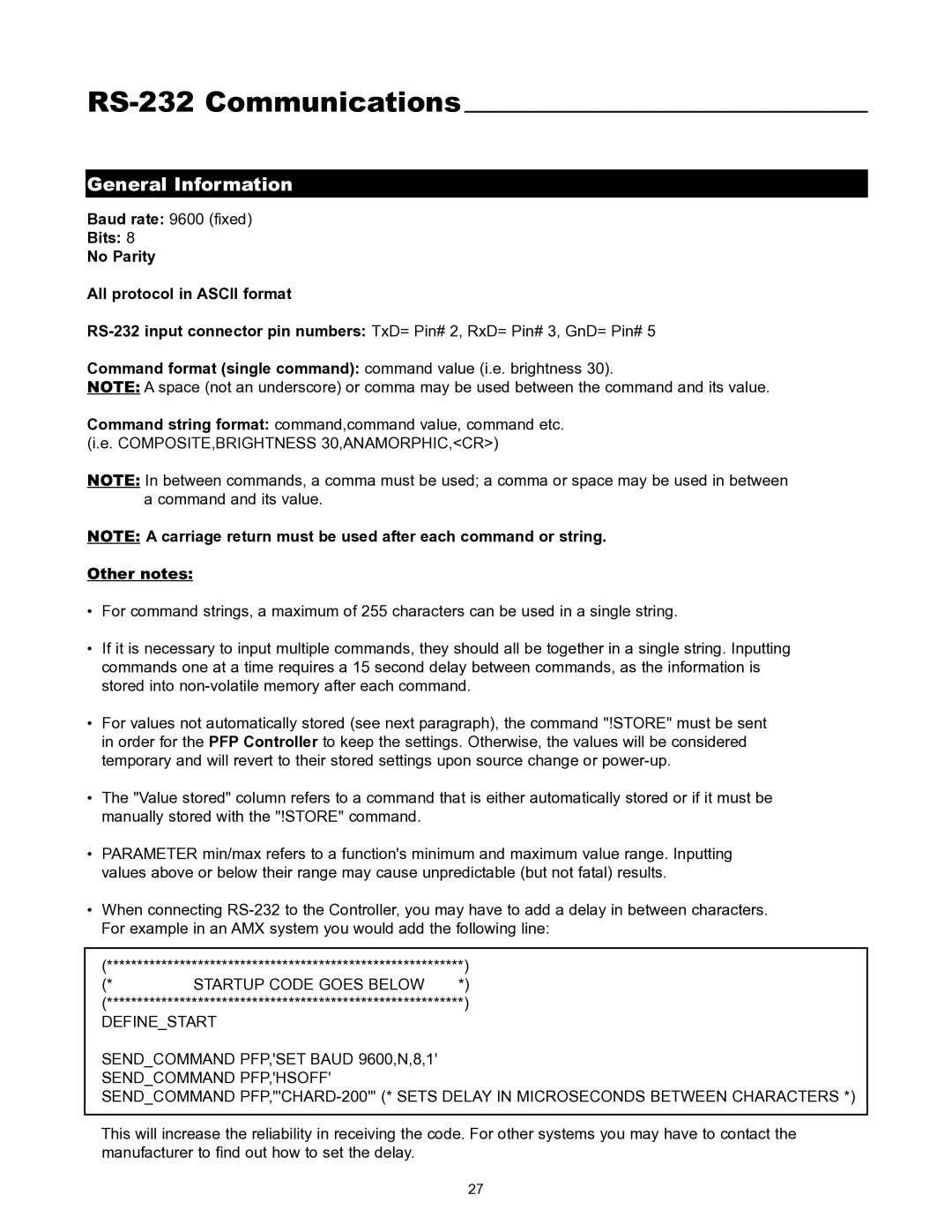 Runco VX-1000CI manual RS-232 Communications, General Information 