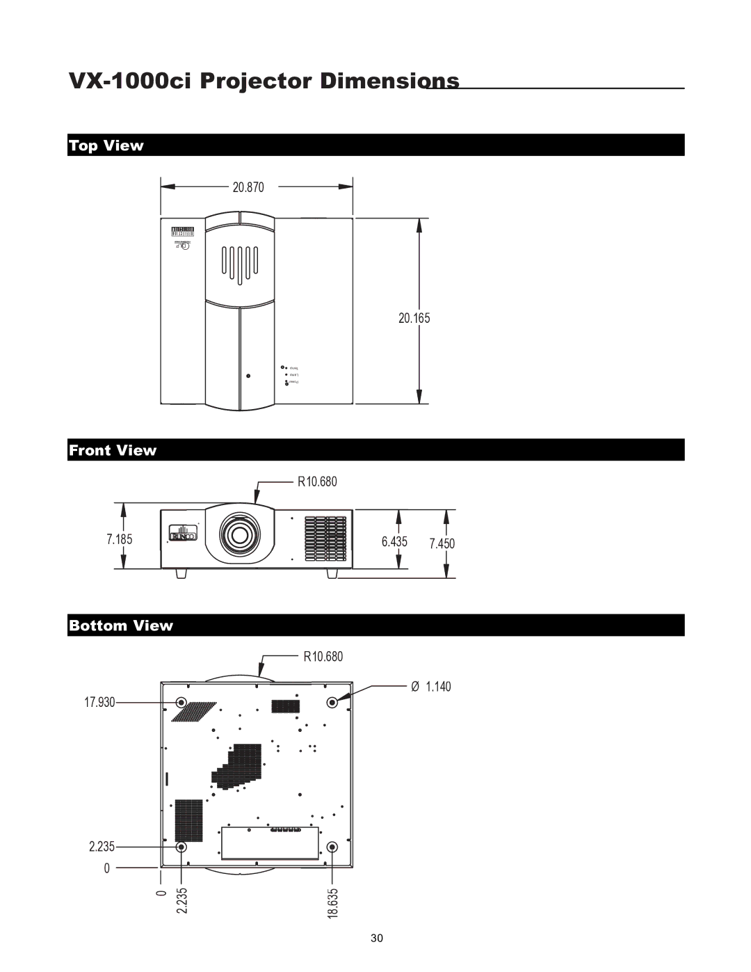 Runco VX-1000CI manual Front View, Bottom View 