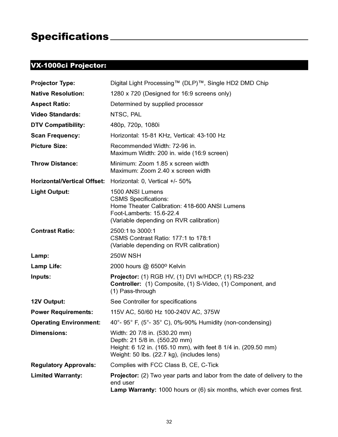 Runco VX-1000CI manual Specifications, VX-1000ci Projector 