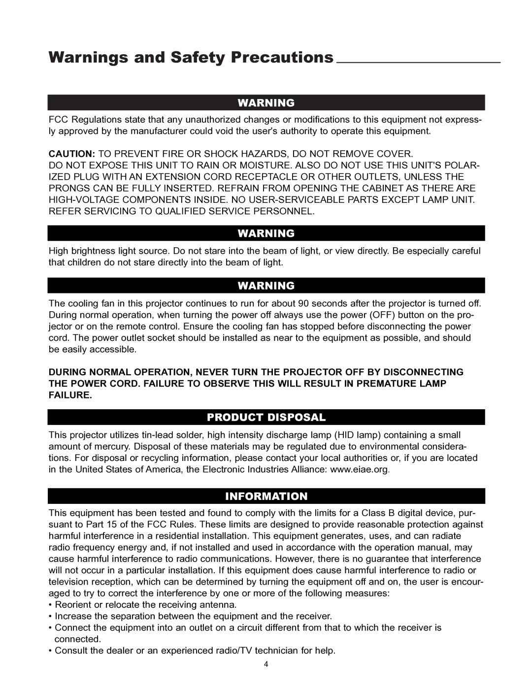 Runco VX-1000CI manual Product Disposal Information 