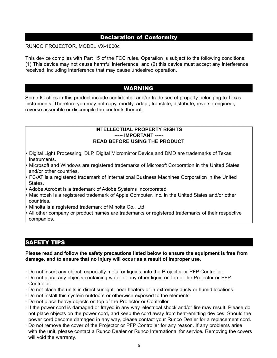 Runco VX-1000CI manual Declaration of Conformity, Intellectual Property Rights Read Before Using the Product 