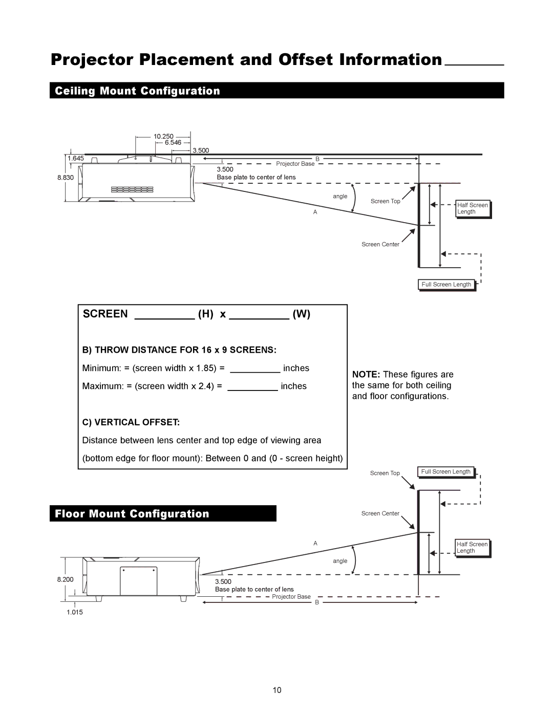 Runco VX-1000d manual Projector Placement and Offset Information, Ceiling Mount Configuration, Floor Mount Configuration 