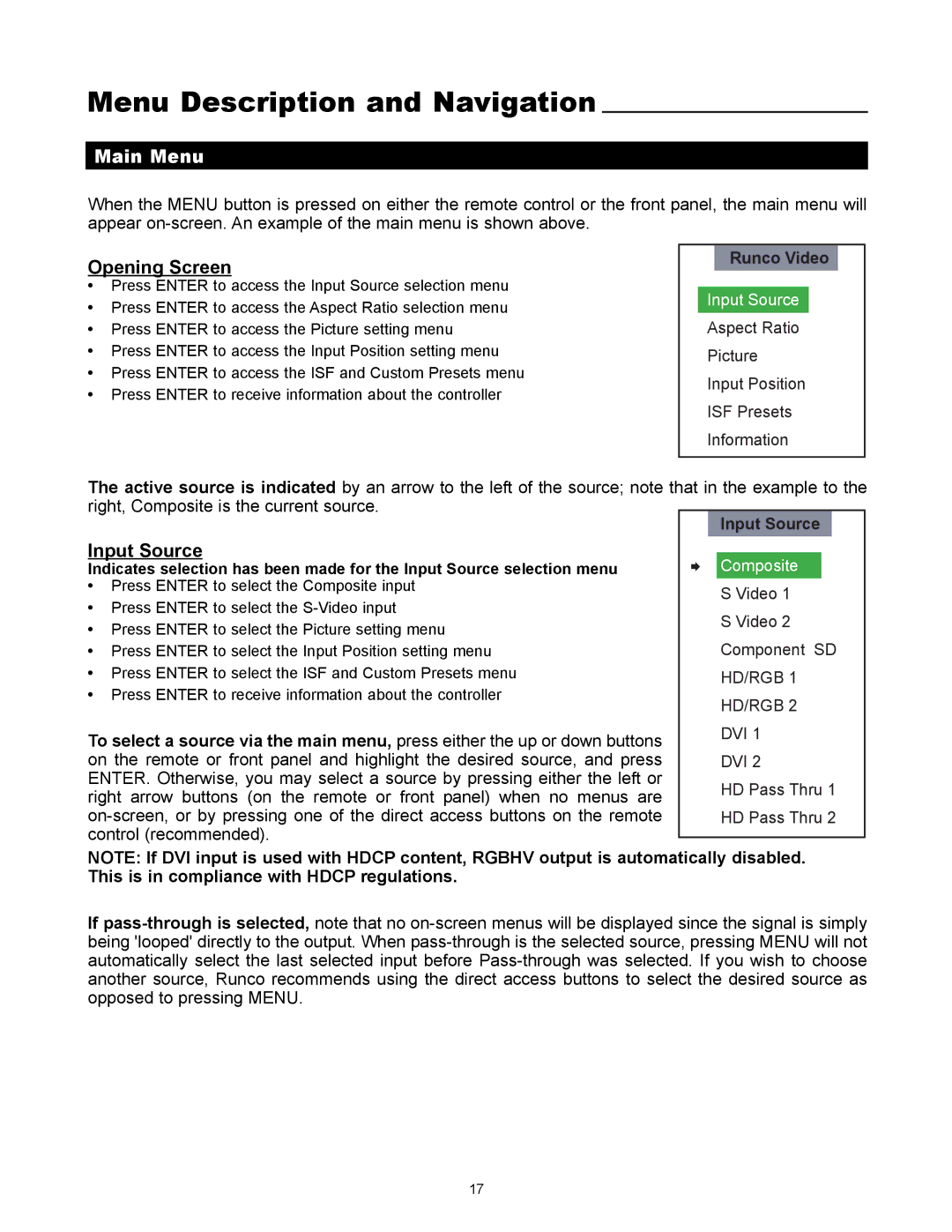 Runco VX-1000d manual Menu Description and Navigation, Main Menu 