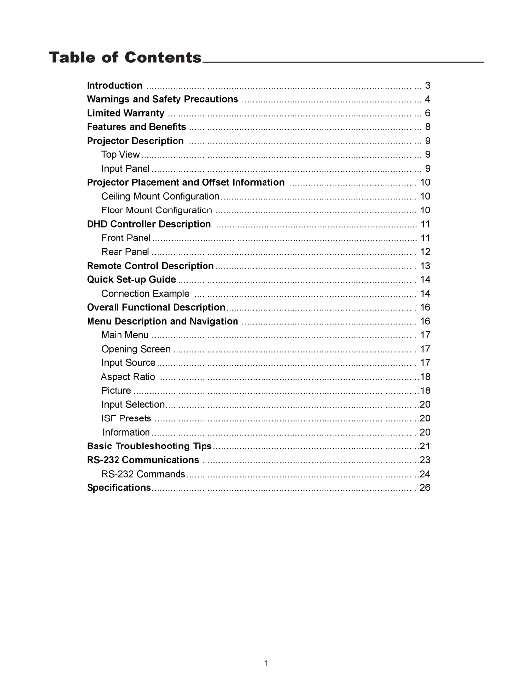 Runco VX-1000d manual Table of Contents 