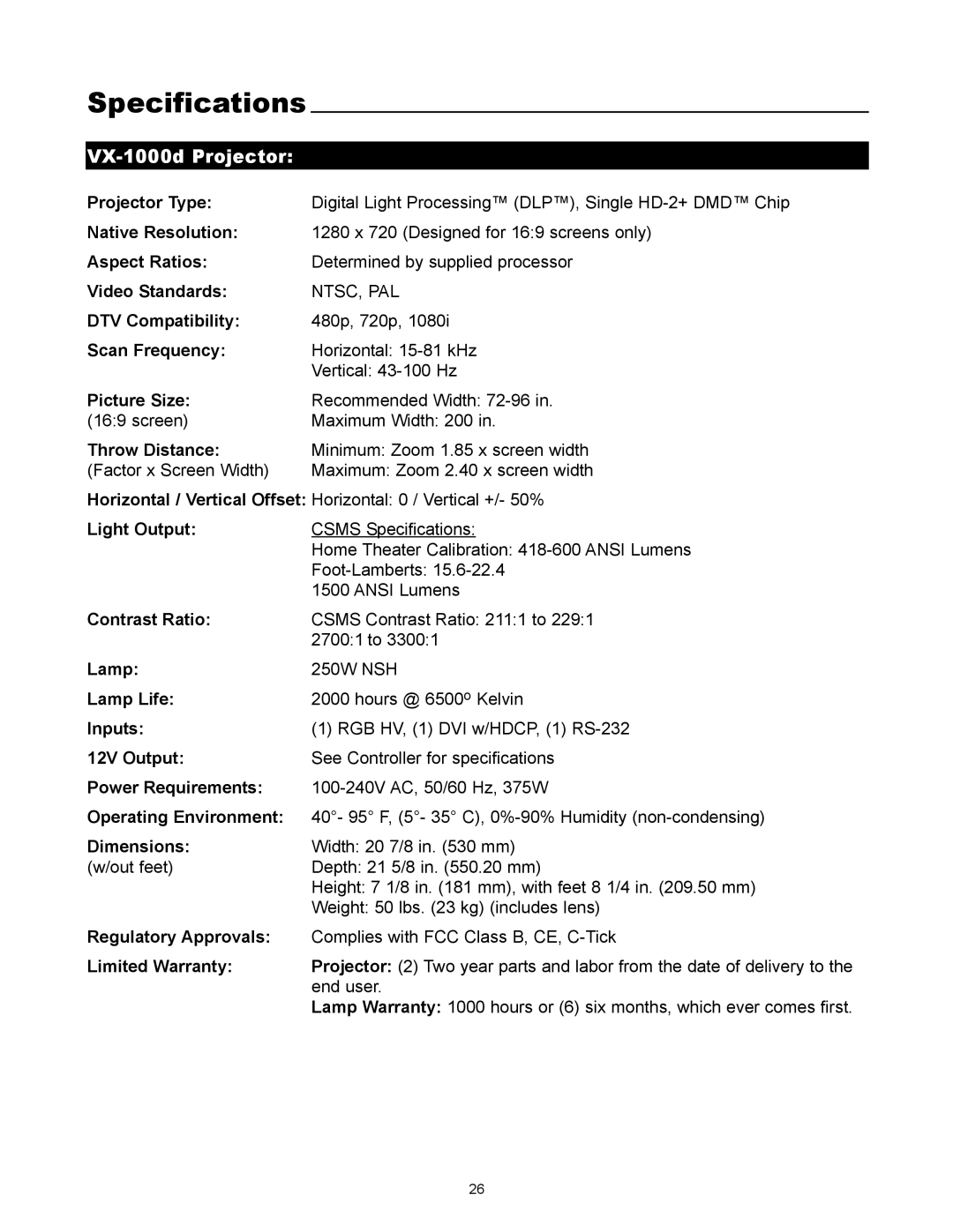 Runco manual Specifications, VX-1000d Projector 