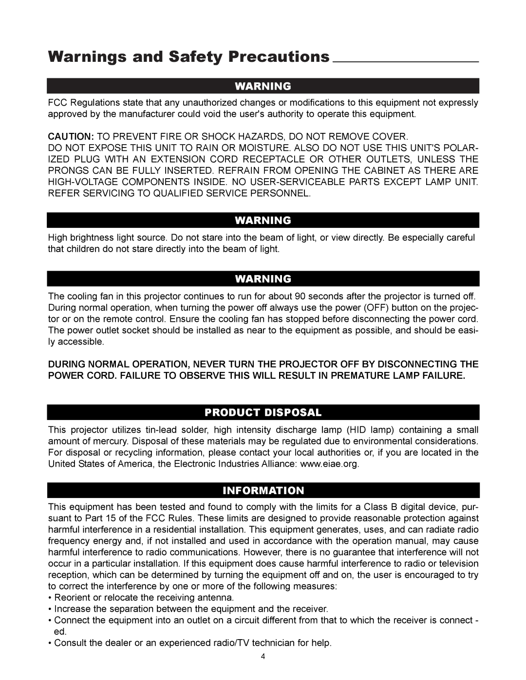 Runco VX-1000d manual Product Disposal Information 