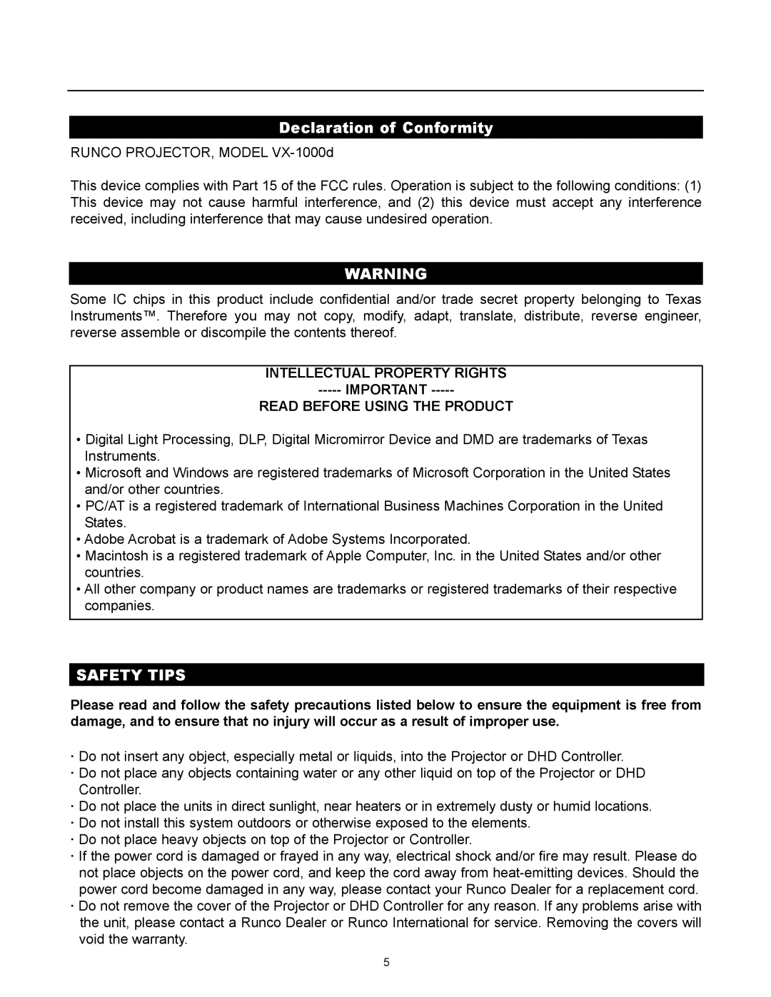 Runco VX-1000d manual Declaration of Conformity, Intellectual Property Rights Read Before Using the Product 