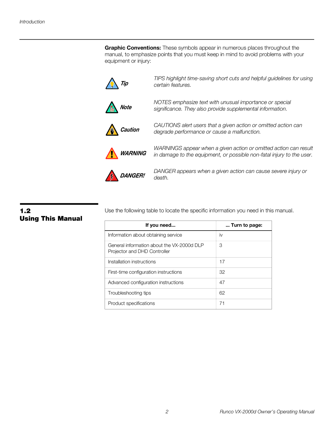 Runco VX-2000d manual Using This Manual, Certain features, Significance. They also provide supplemental information, Death 