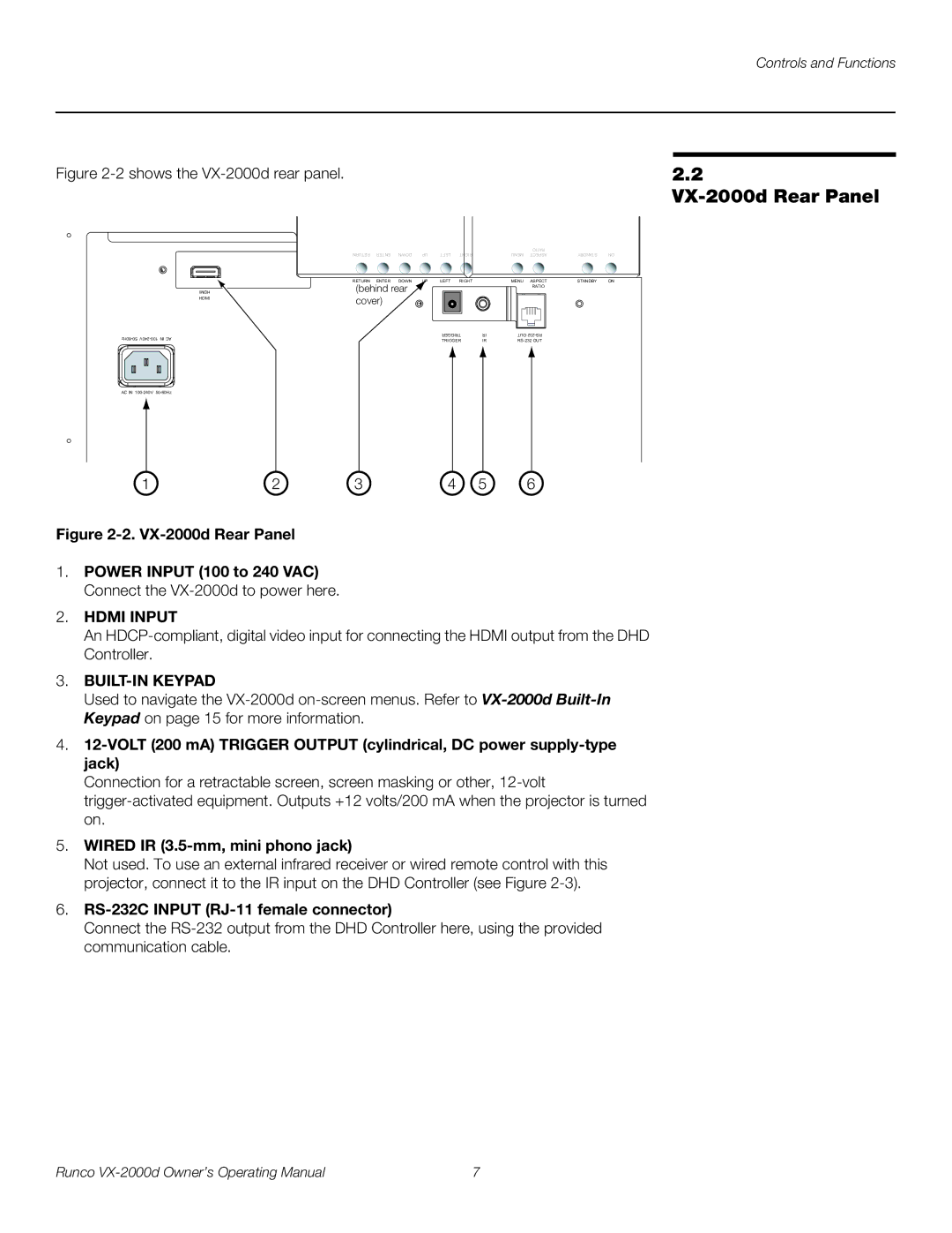 Runco manual VX-2000d Rear Panel, Wired IR 3.5-mm, mini phono jack, RS-232C Input RJ-11 female connector 