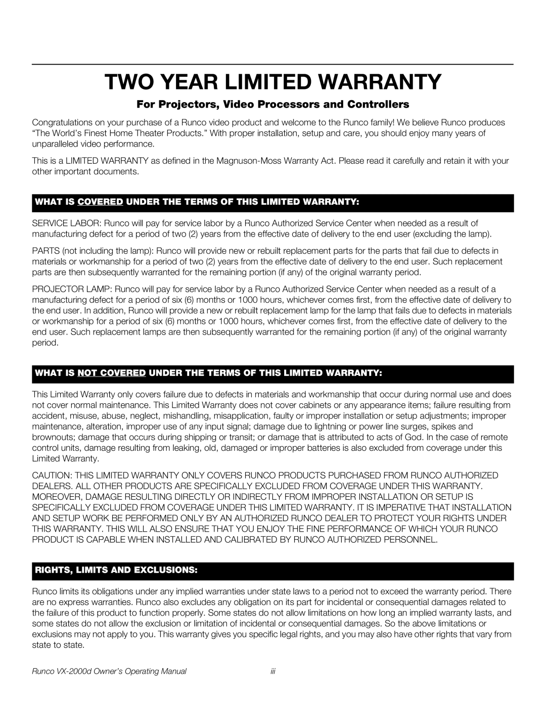 Runco VX-2000d manual TWO Year Limited Warranty, For Projectors, Video Processors and Controllers 