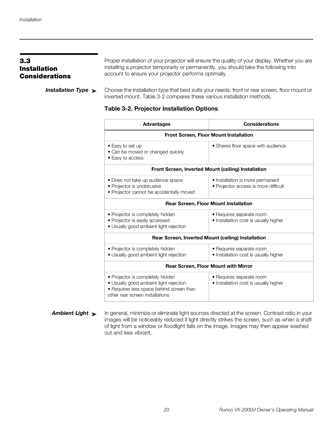 Runco VX-2000d manual Considerations, Installation Type, Ambient Light 