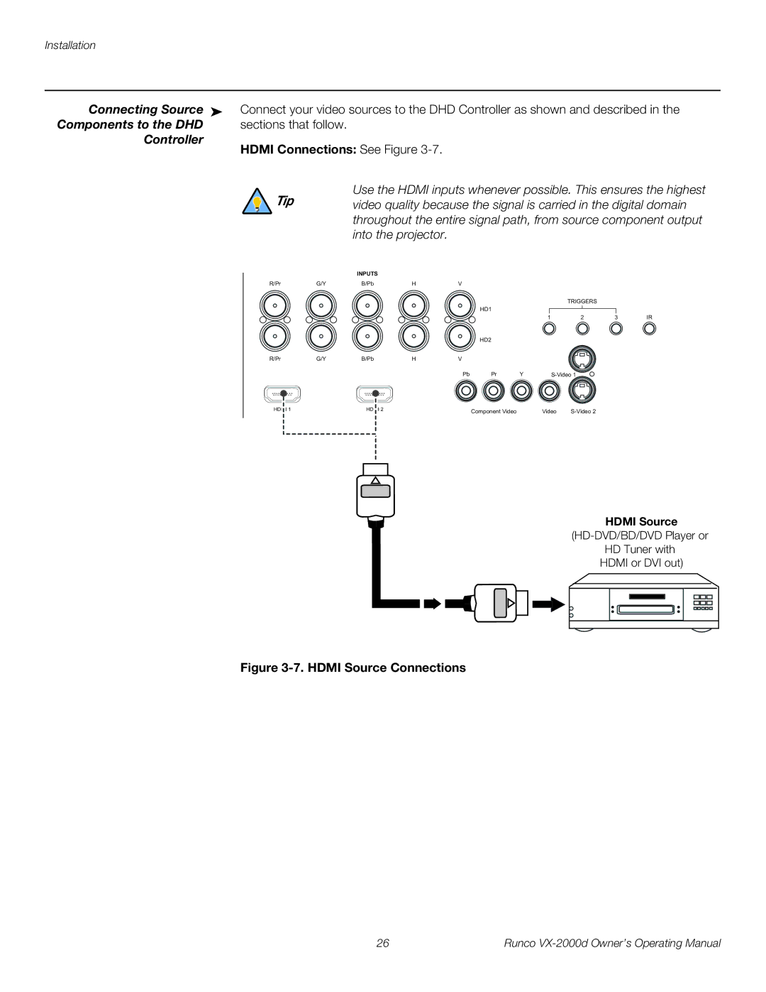 Runco VX-2000d manual Connecting Source, Components to the DHD, Controller, Hdmi Connections See Figure, Into the projector 