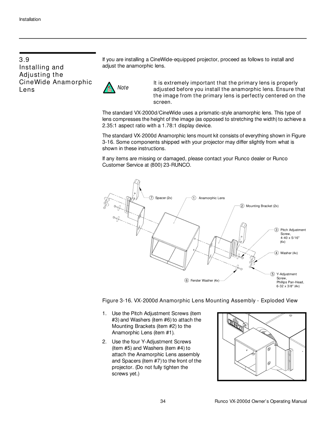 Runco VX-2000d manual Installing and Adjusting the CineWide Anamorphic Lens 