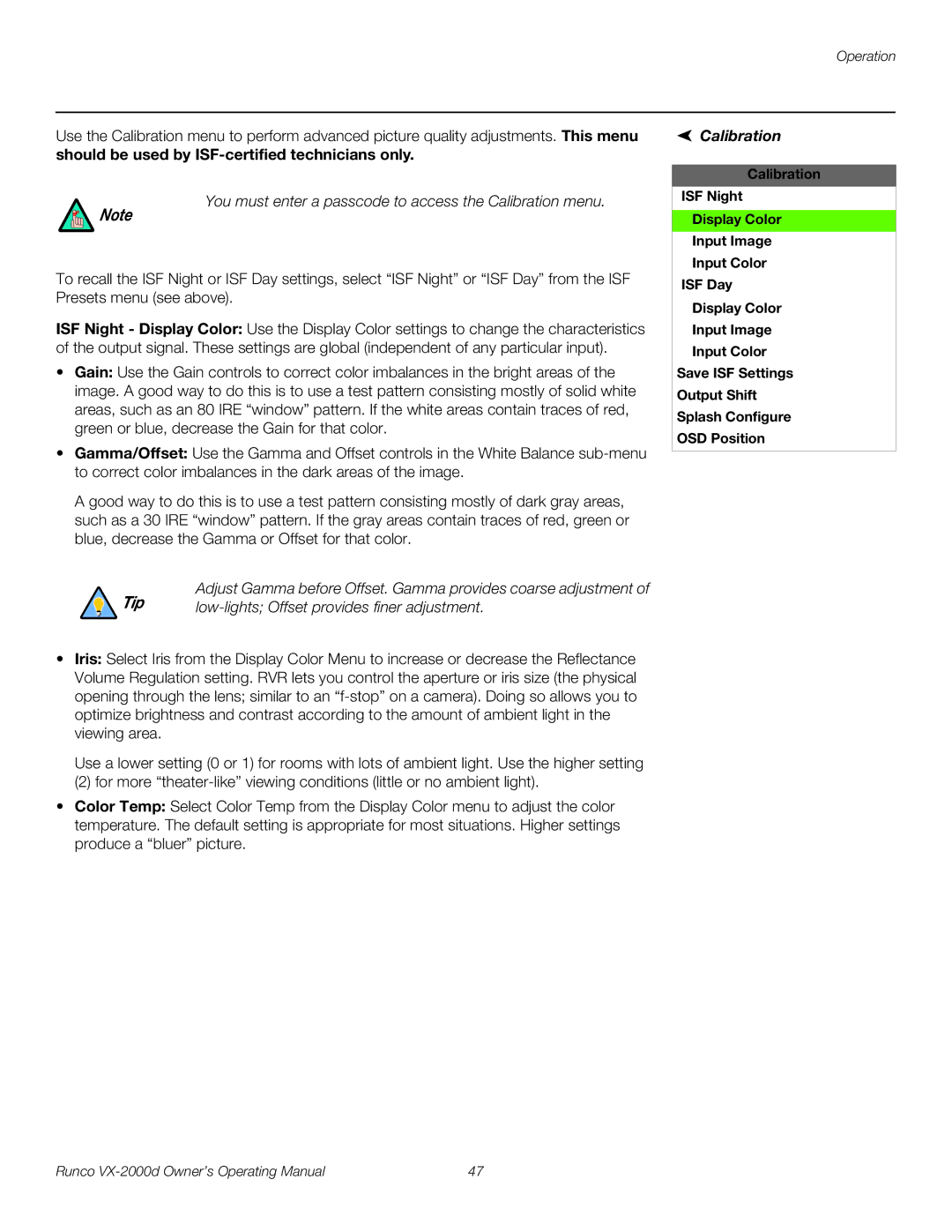 Runco VX-2000d manual You must enter a passcode to access the Calibration menu, Low-lights Offset provides finer adjustment 