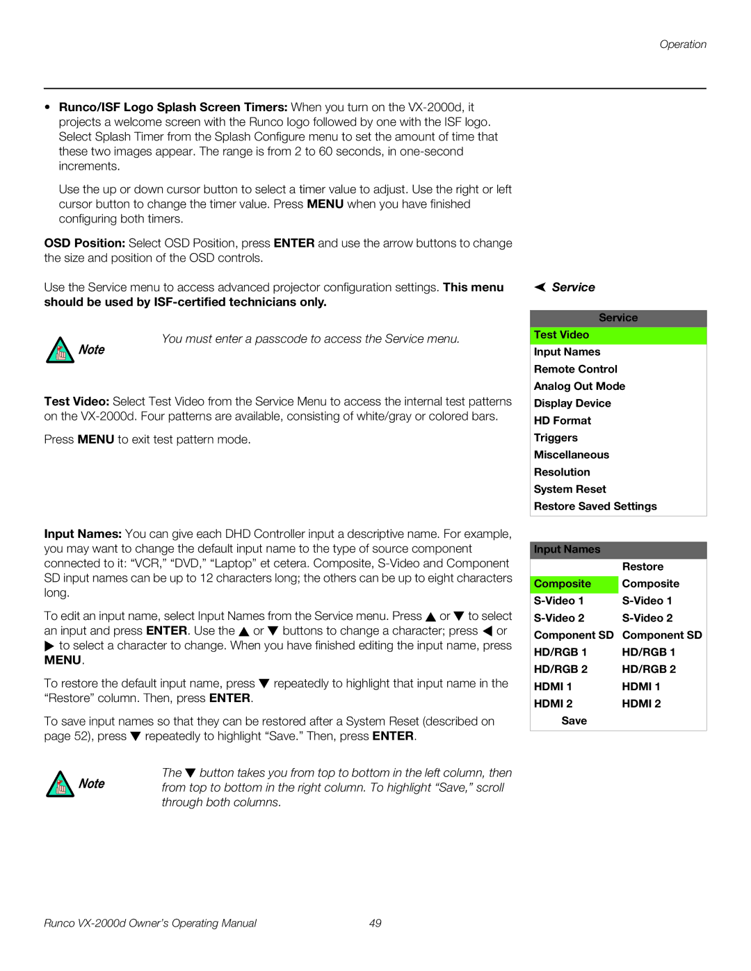 Runco VX-2000d manual Button takes you from top to bottom in the left column, then, Service 