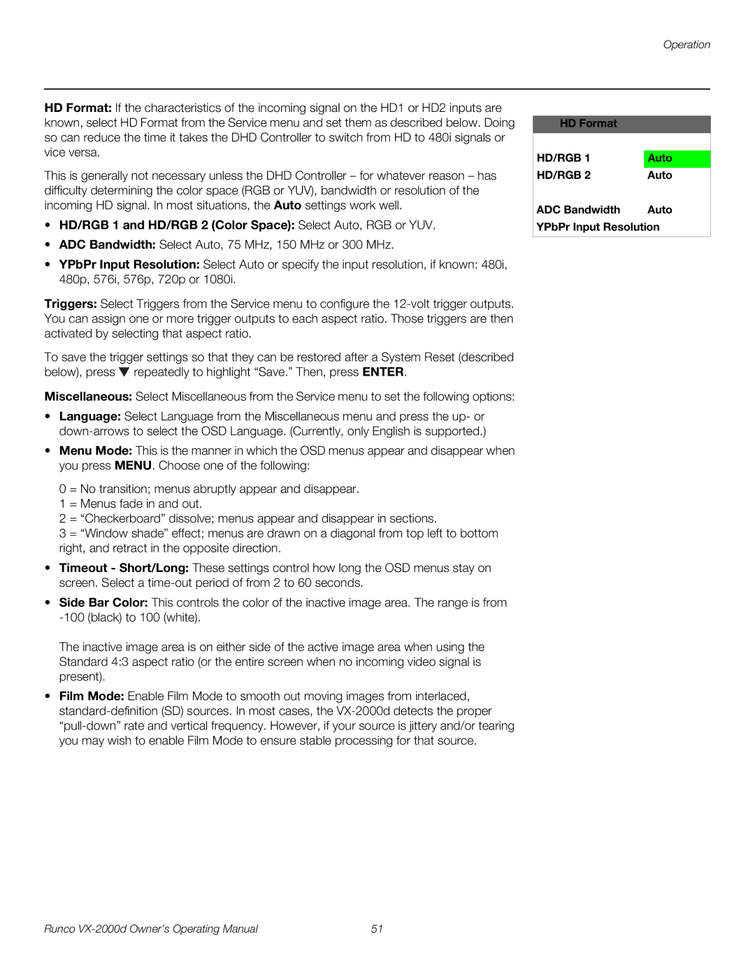 Runco VX-2000d manual HD/RGB 1 and HD/RGB 2 Color Space Select Auto, RGB or YUV, ADC Bandwidth Auto YPbPr Input Resolution 