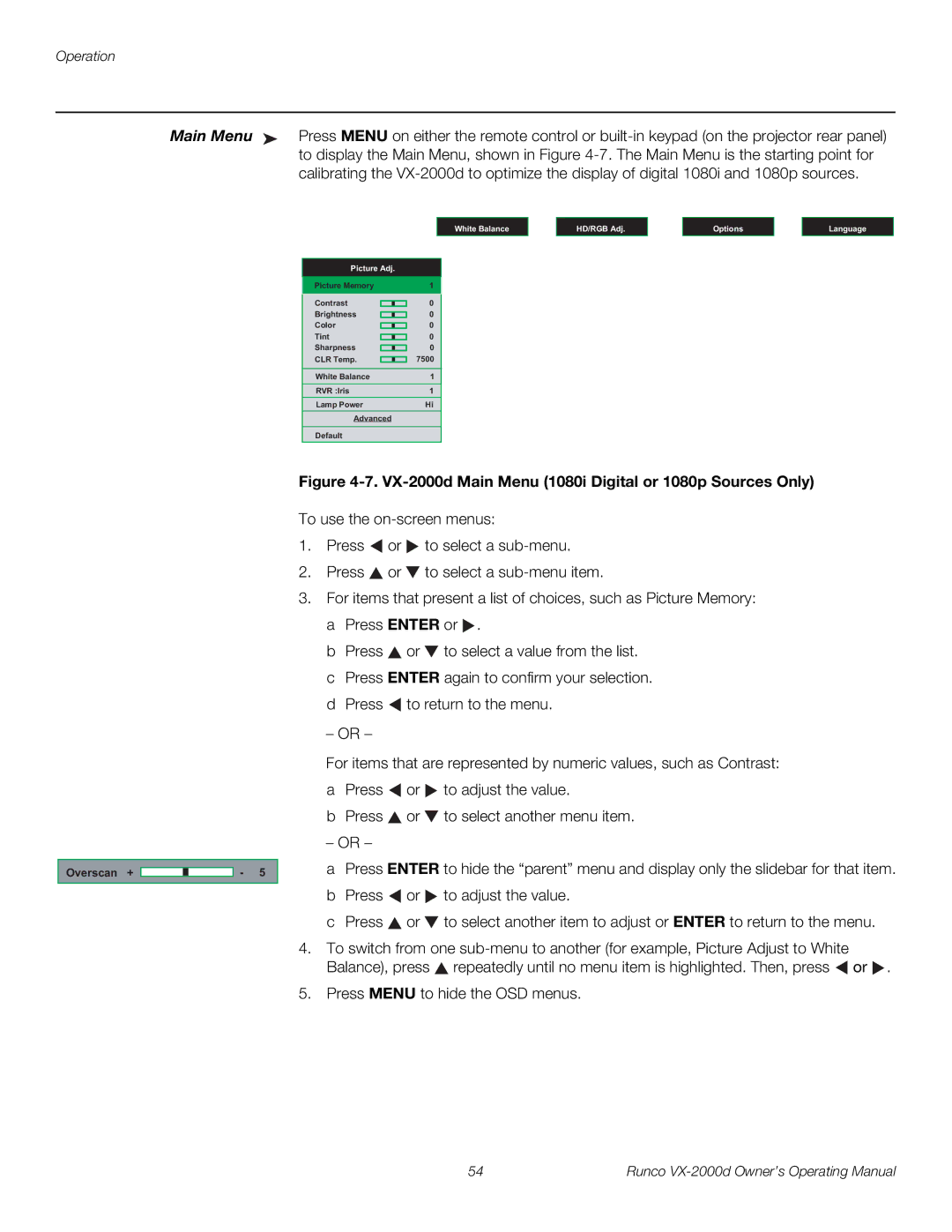 Runco manual VX-2000d Main Menu 1080i Digital or 1080p Sources Only 