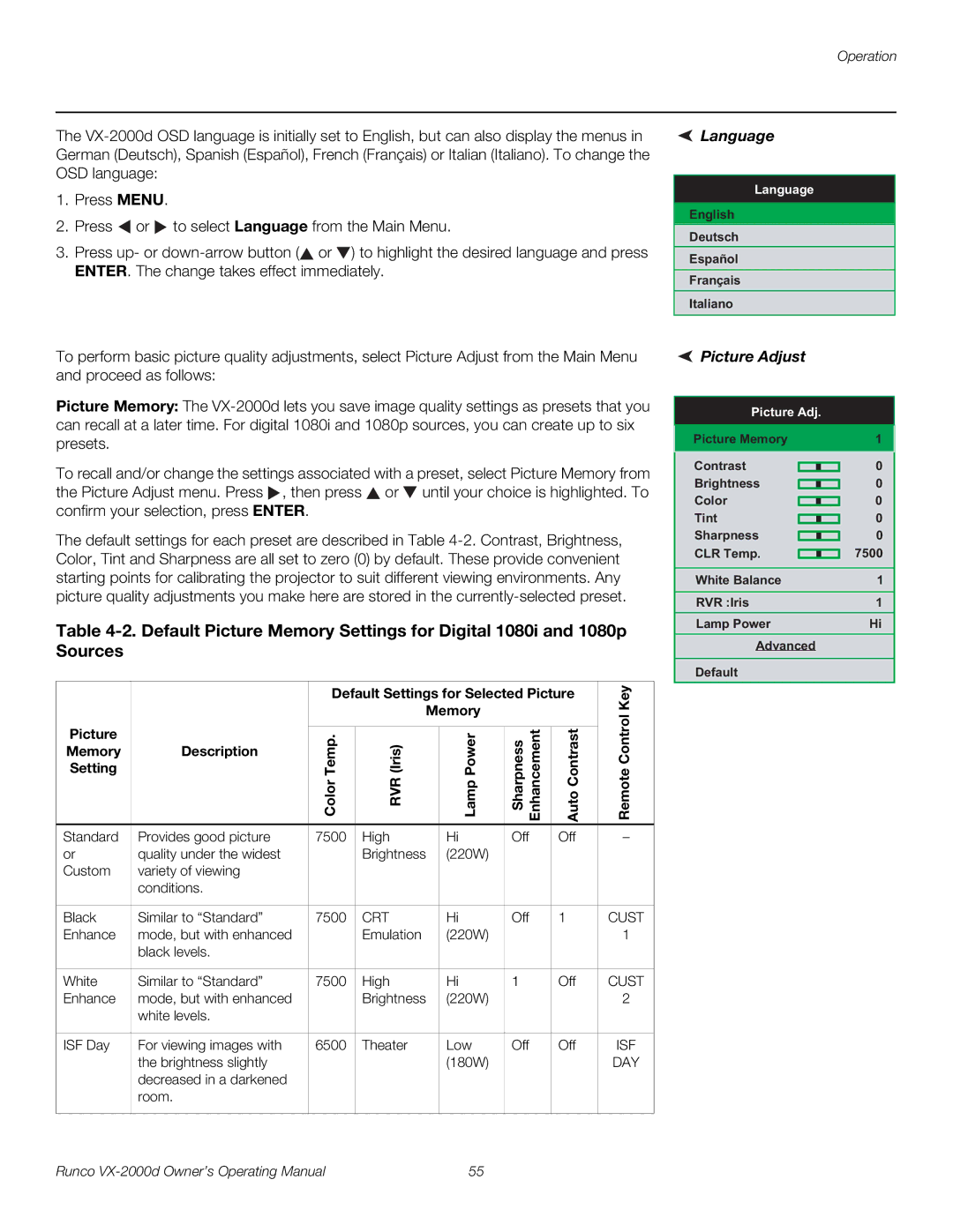 Runco VX-2000d manual Language, Picture Adjust 