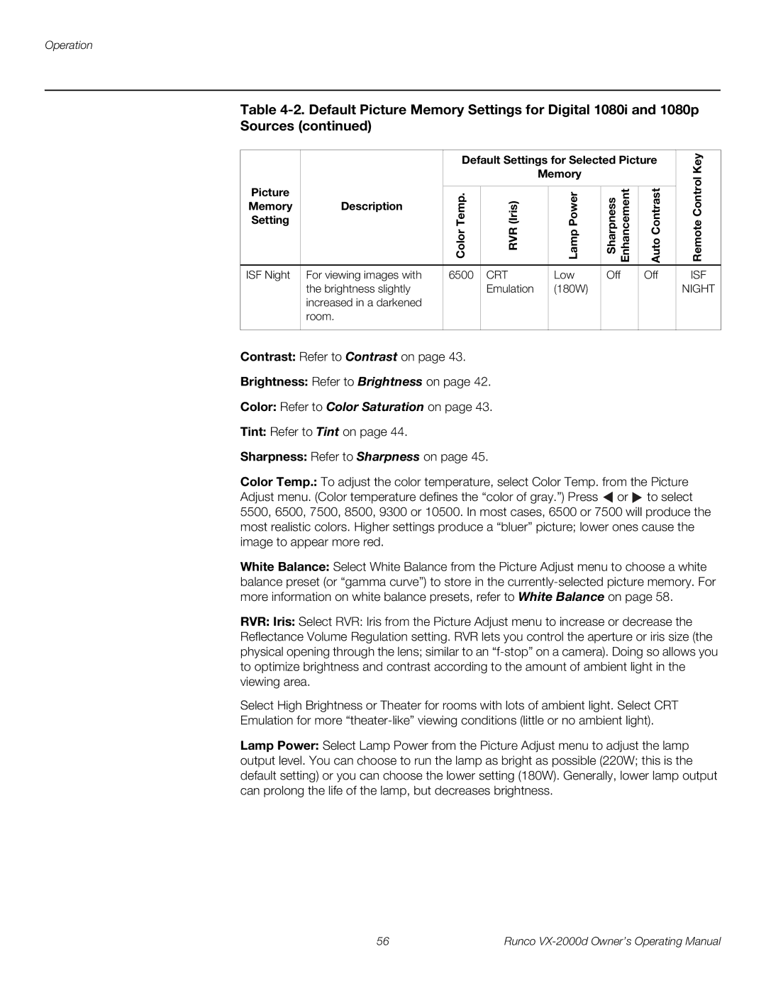 Runco VX-2000d manual Picture Memory Description Setting ISF Night, Brightness slightly, Room, Remote Control Key 