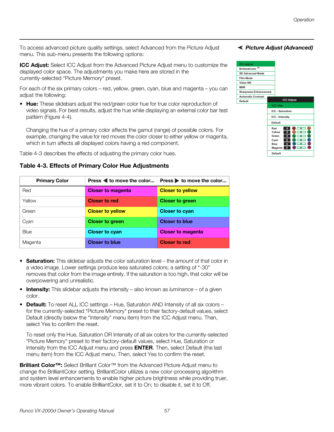 Runco VX-2000d manual Effects of Primary Color Hue Adjustments, Picture Adjust Advanced 