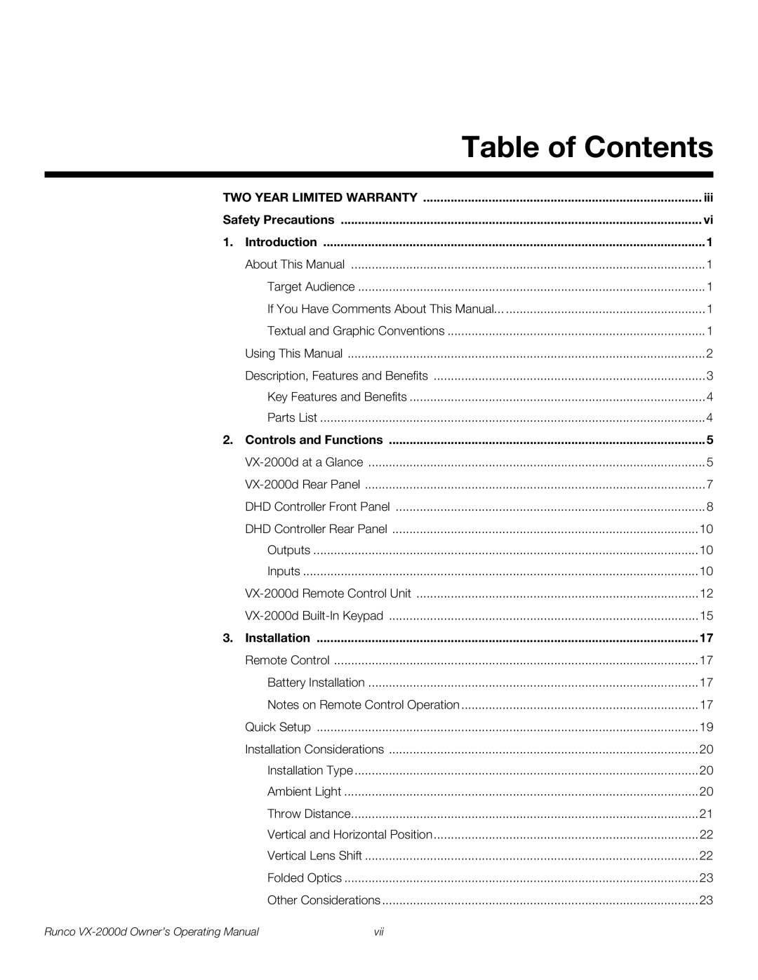 Runco VX-2000d manual Table of Contents 