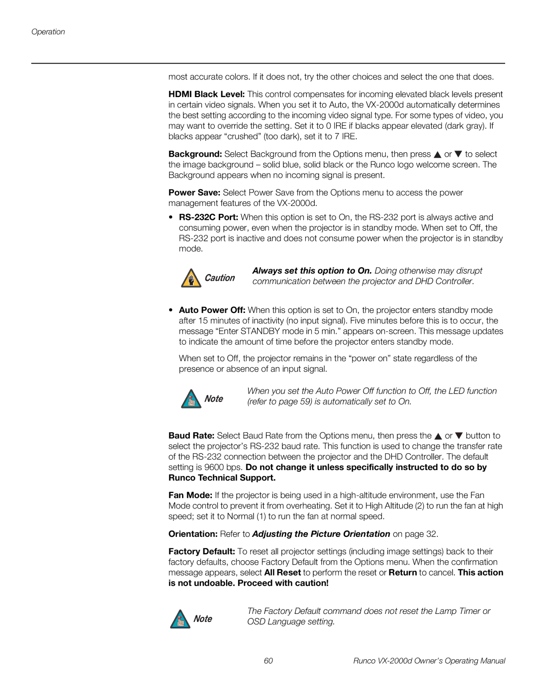 Runco VX-2000d manual Refer to page 59 is automatically set to On, Runco Technical Support, OSD Language setting 