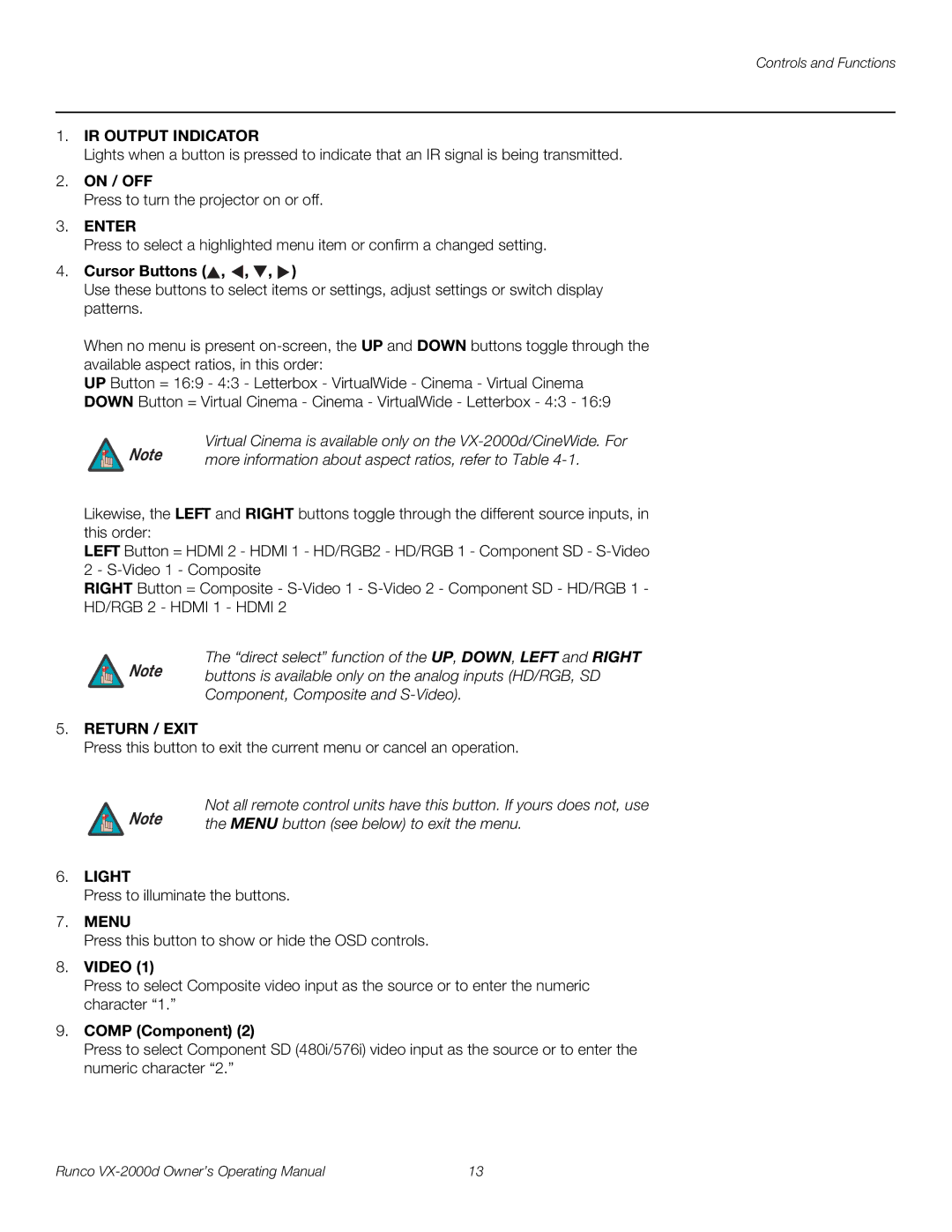 Runco VX-2000d manual On / OFF, Cursor Buttons, Menu button see below to exit the menu, Video, Comp Component 