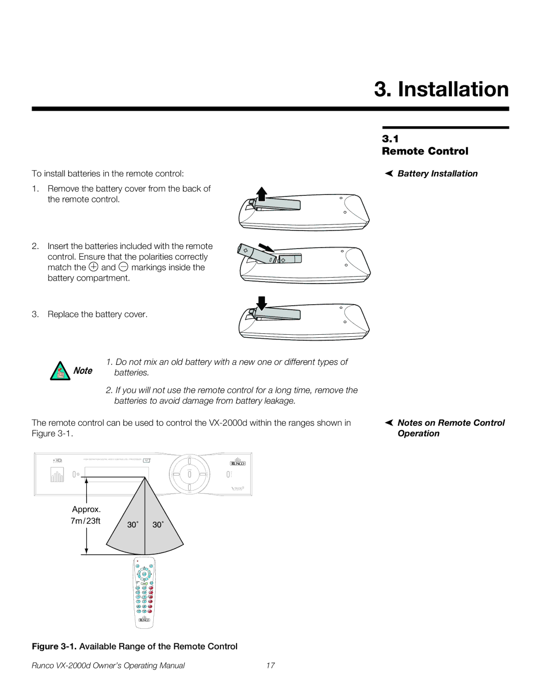 Runco VX-2000d manual Remote Control, Battery Installation, Operation 