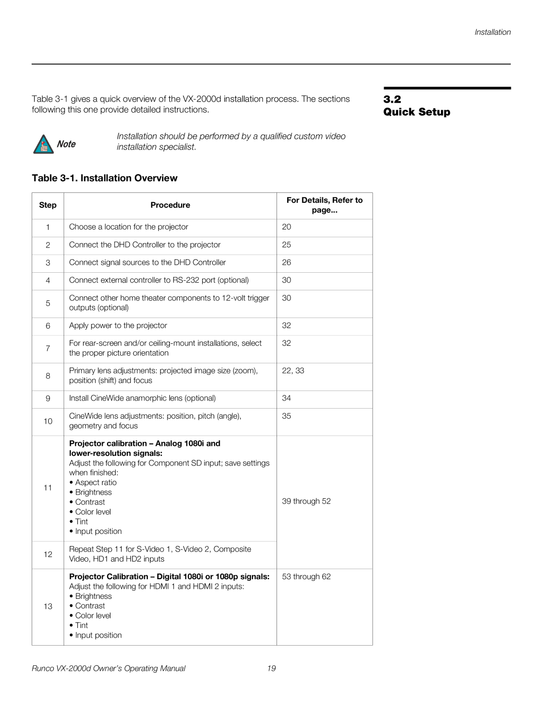 Runco VX-2000d manual Quick Setup, Installation specialist, Step Procedure For Details, Refer to 