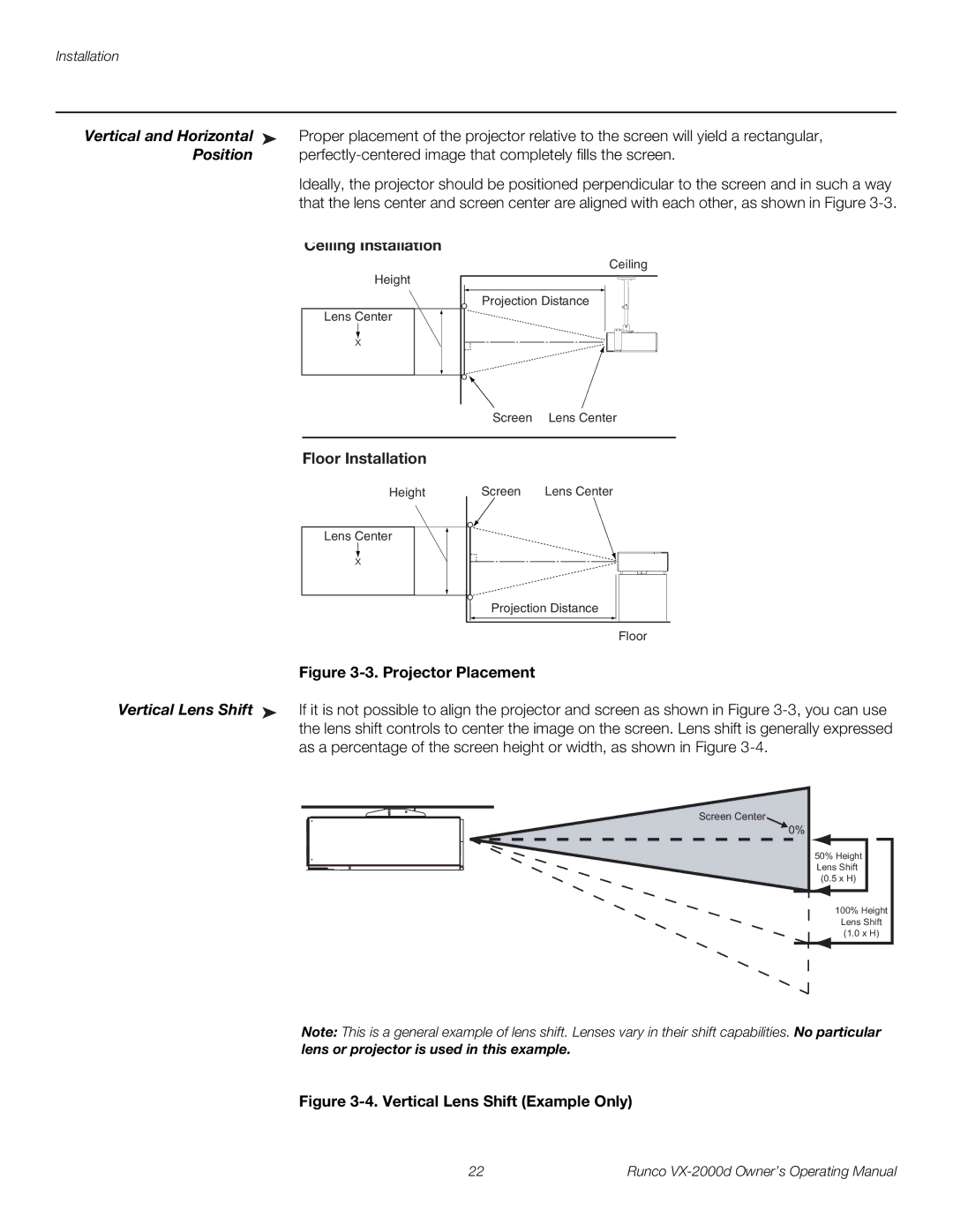 Runco VX-2000d manual Vertical and Horizontal, Position, Ceiling Installation, Floor Installation 