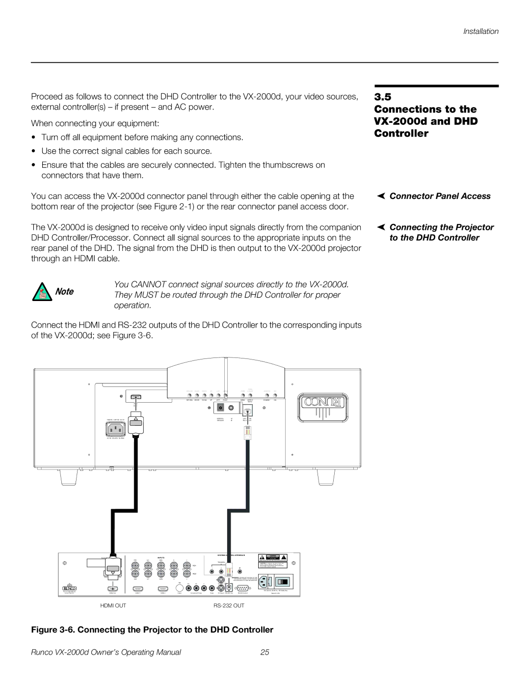 Runco manual Connections to the VX-2000d and DHD Controller, You Cannot connect signal sources directly to the VX-2000d 