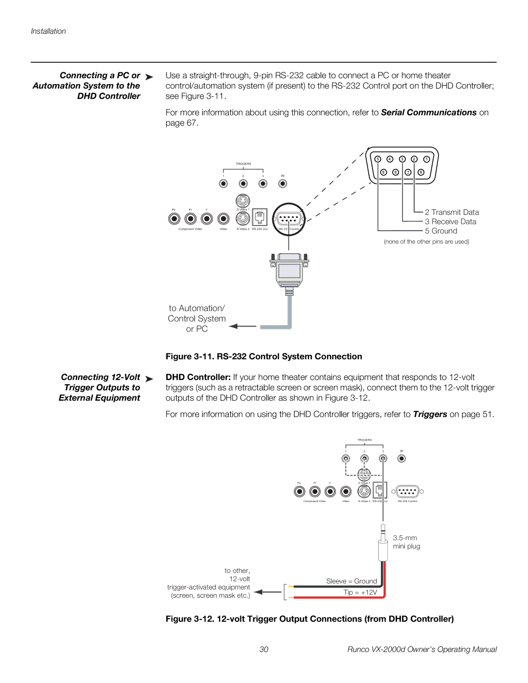 Runco VX-2000d manual Connecting a PC or, Automation System to, DHD Controller, Connecting 12-Volt, Trigger Outputs to 