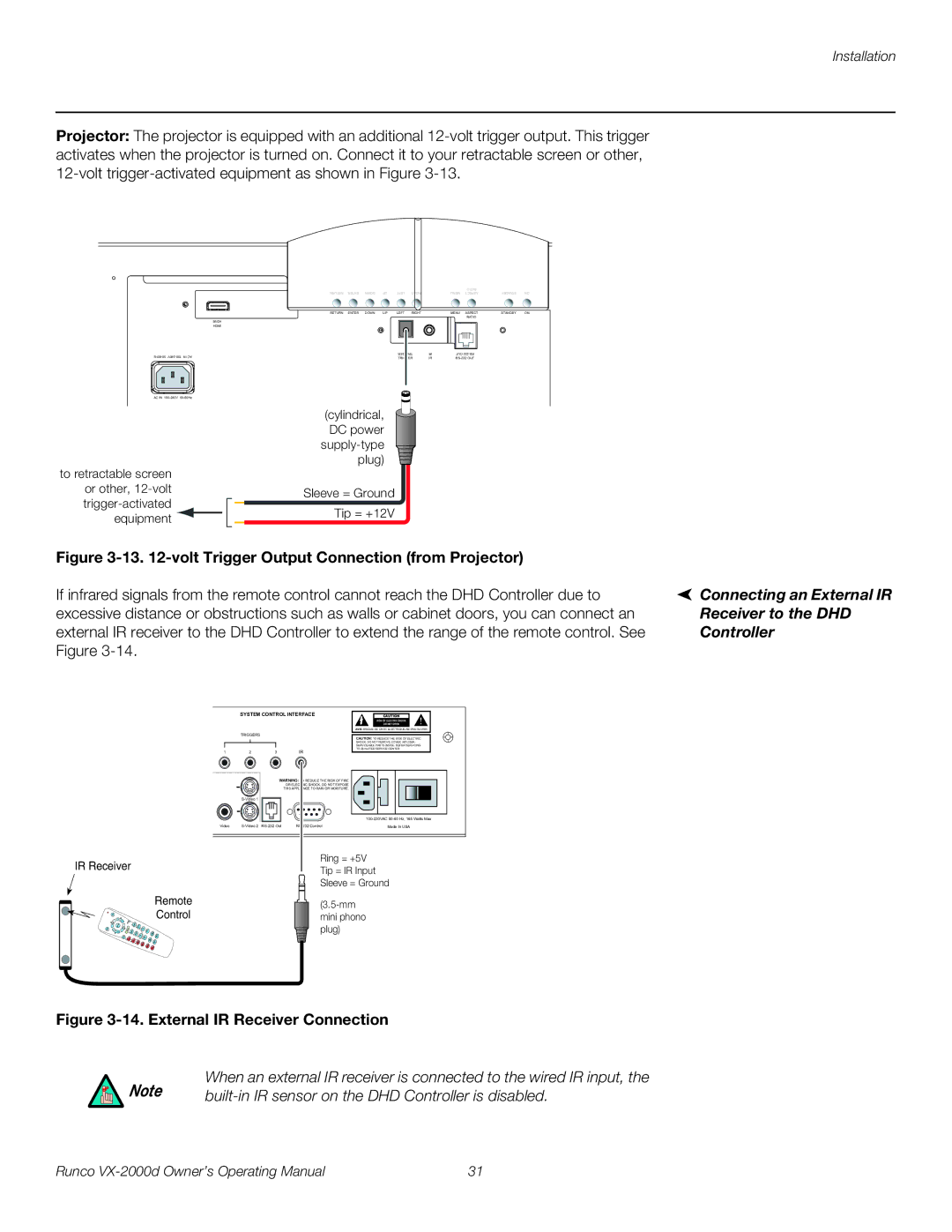 Runco VX-2000d manual Connecting an External IR Receiver to the DHD Controller 