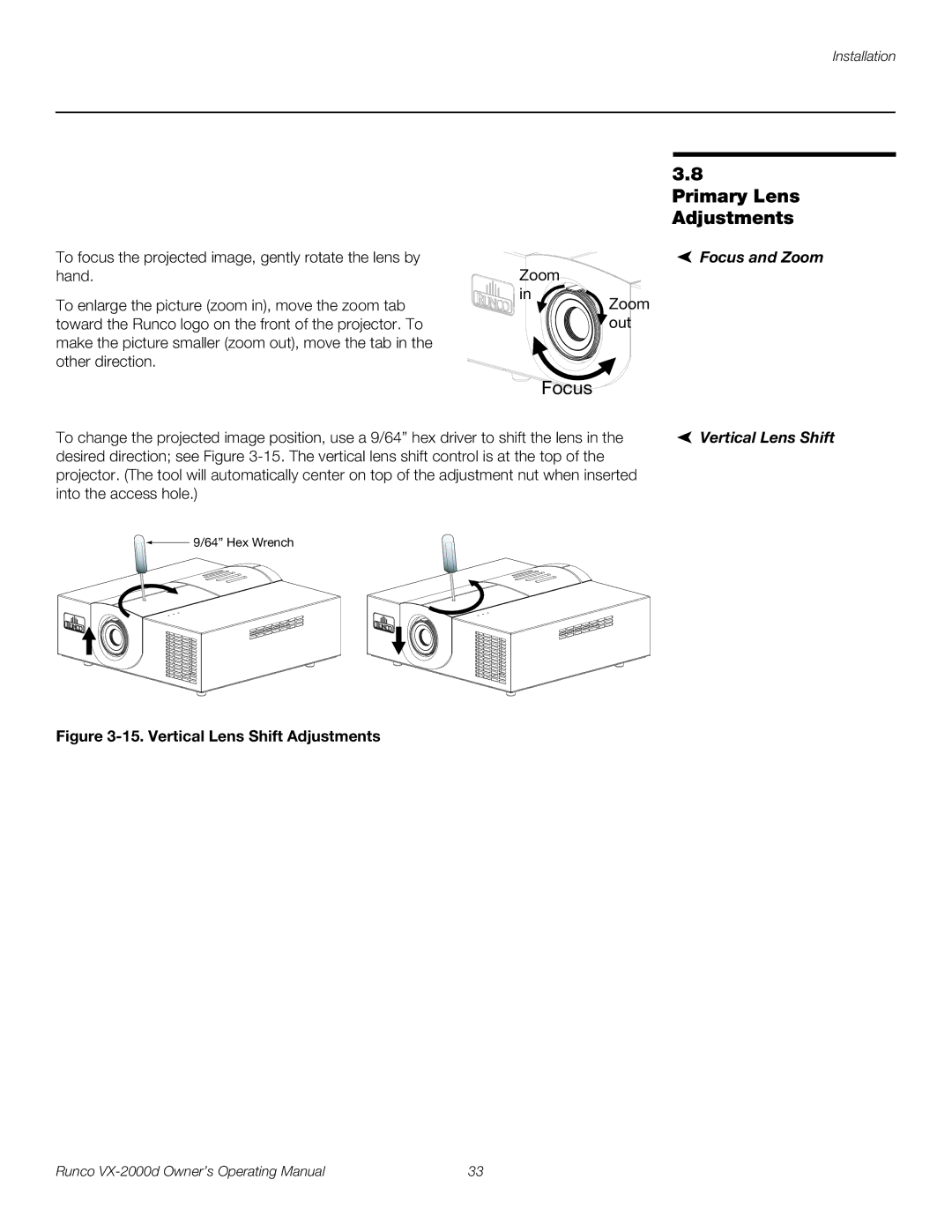 Runco VX-2000d manual Primary Lens Adjustments, Focus and Zoom, Vertical Lens Shift 