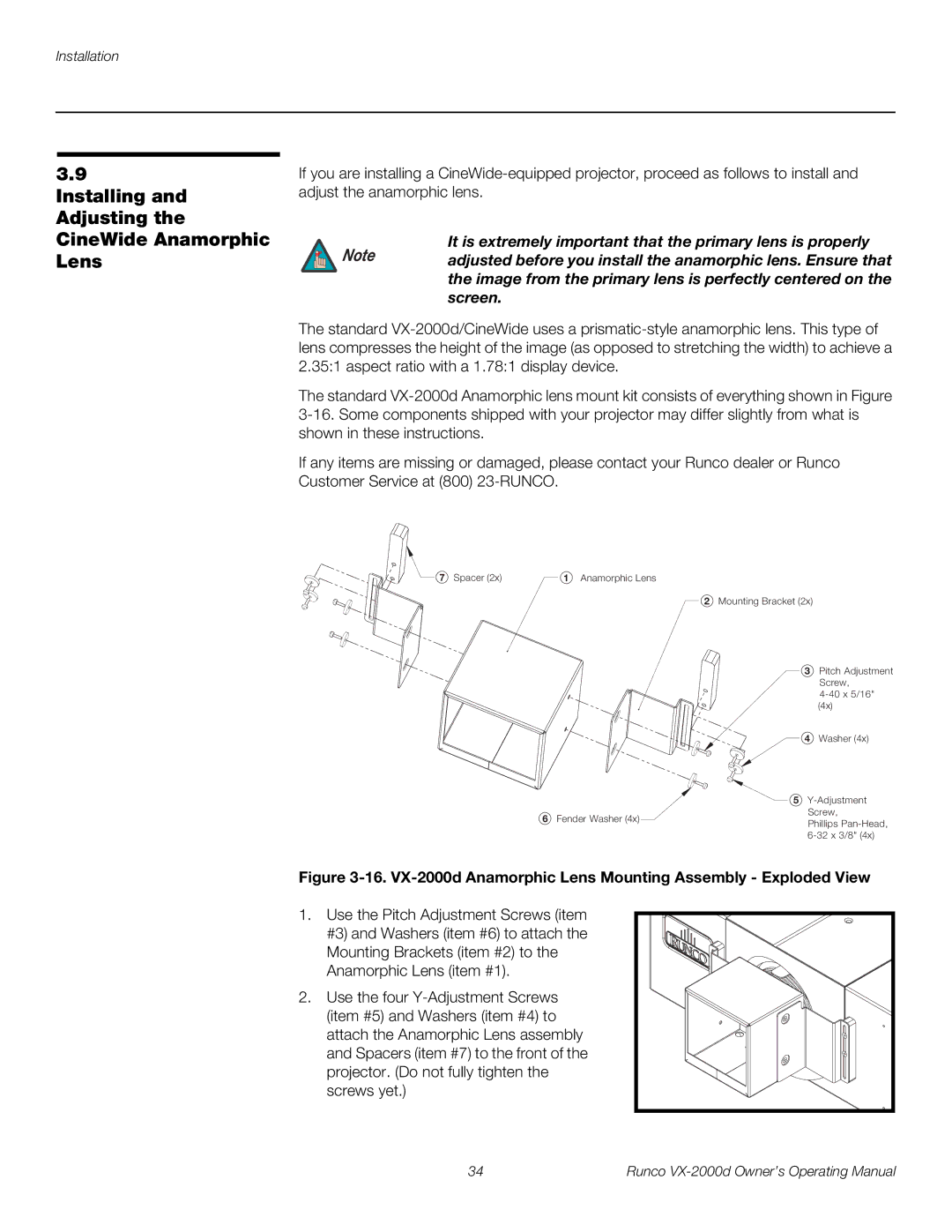 Runco VX-2000d manual Installing and Adjusting the CineWide Anamorphic Lens 