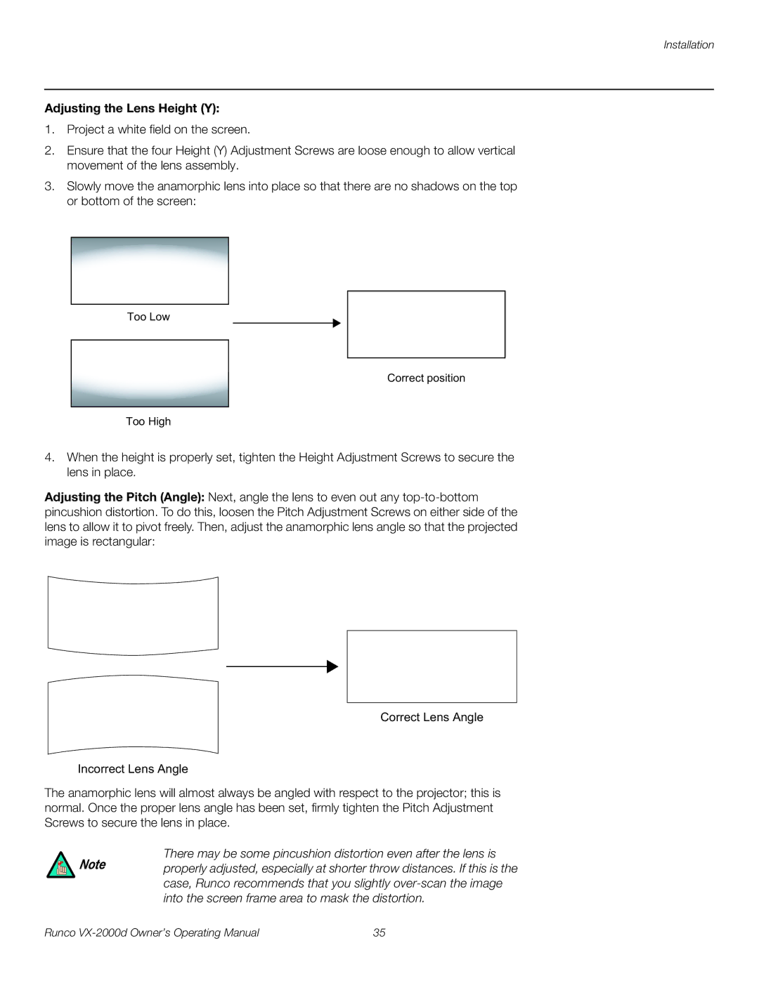 Runco VX-2000d manual Adjusting the Lens Height Y 