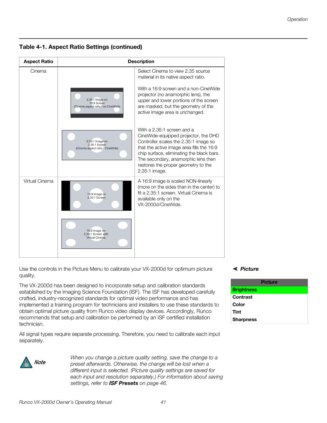 Runco VX-2000d manual Picture Brightness Contrast Color Tint Sharpness 