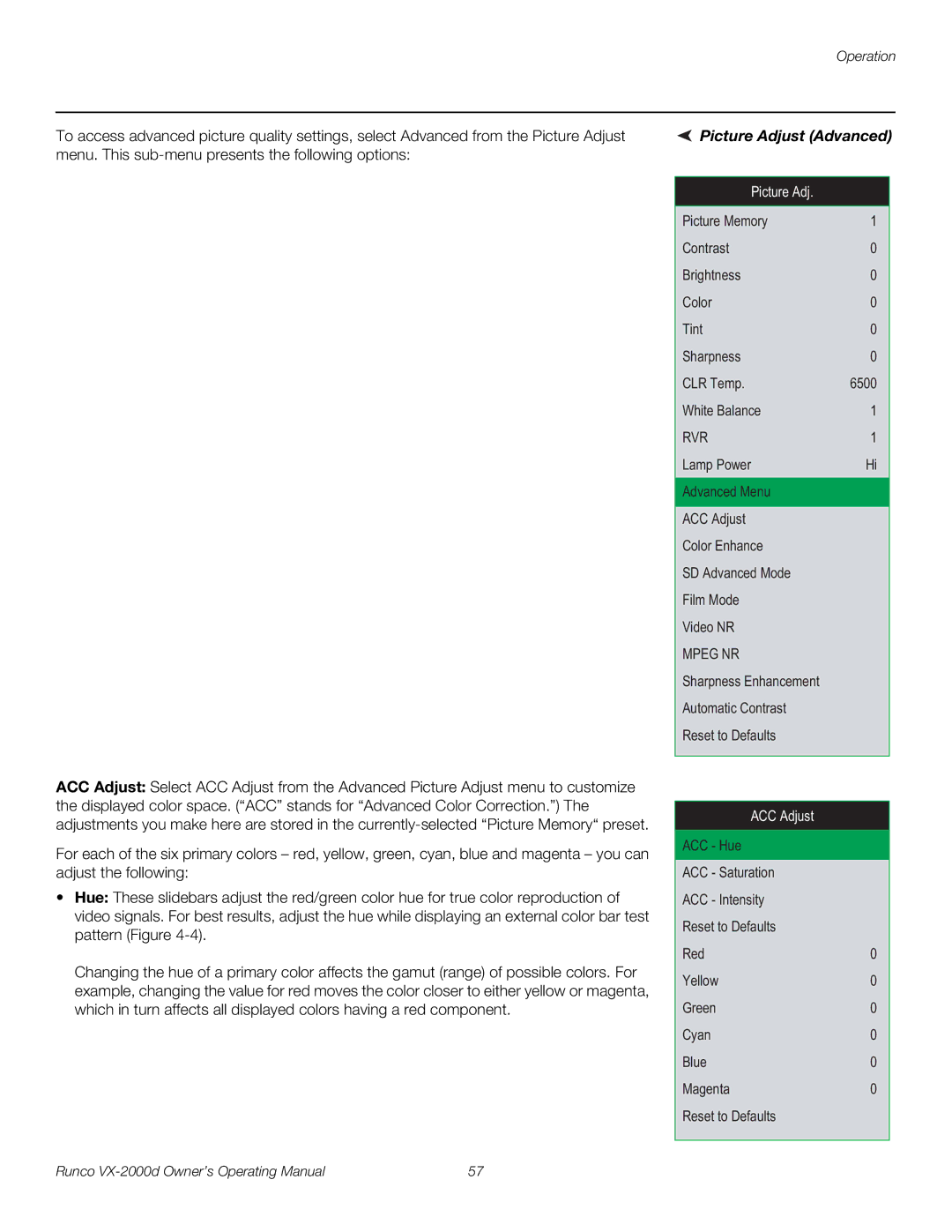 Runco VX-2000d manual Picture Adjust Advanced, Mpeg NR 