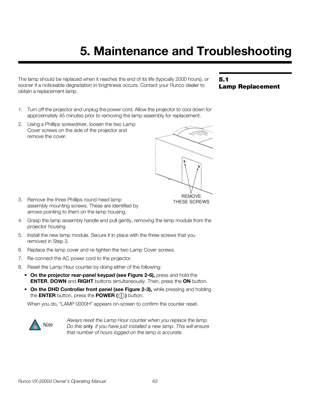 Runco VX-2000d manual Maintenance and Troubleshooting, Lamp Replacement 