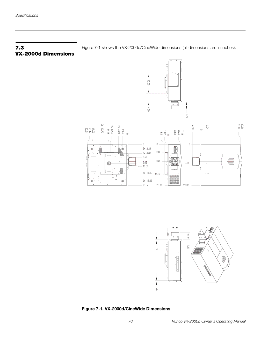 Runco manual VX-2000d Dimensions, VX-2000d/CineWide Dimensions 