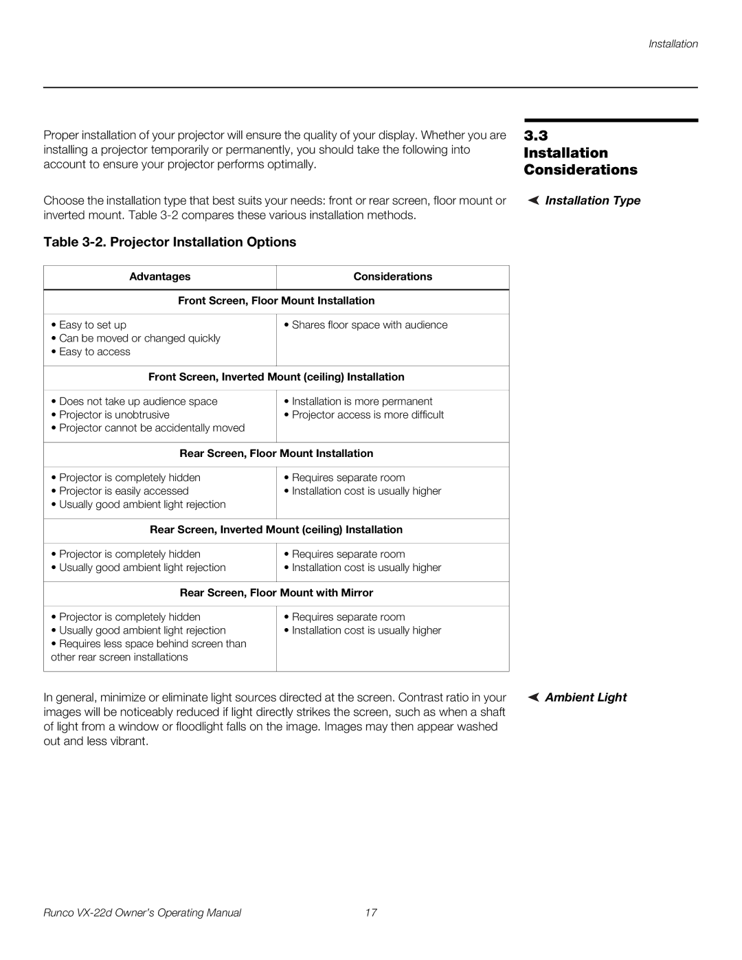 Runco VX-22D manual Installation Considerations, Installation Type, Ambient Light 