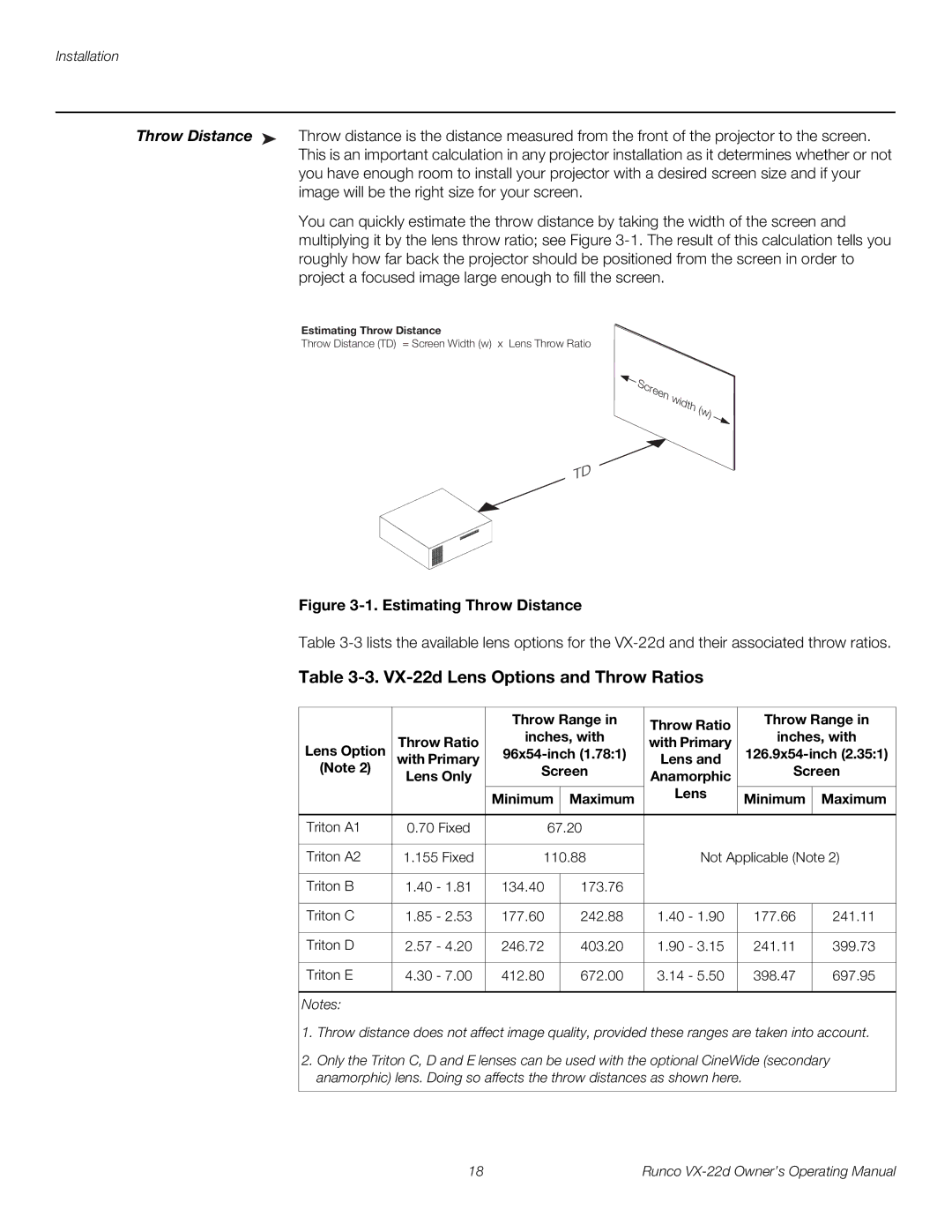 Runco VX-22D manual Throw Range Throw Ratio Inches, with Lens Option, 96x54-inch, Lens Only Anamorphic Minimum Maximum 