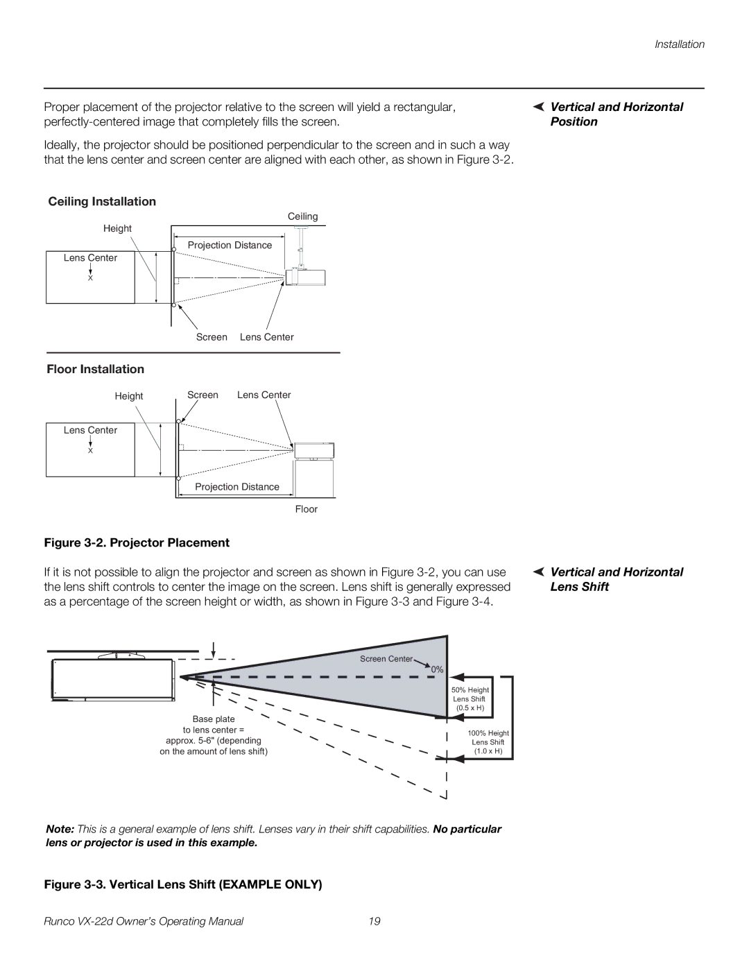 Runco VX-22D manual Vertical and Horizontal, Position, Ceiling Installation, Floor Installation, Lens Shift 