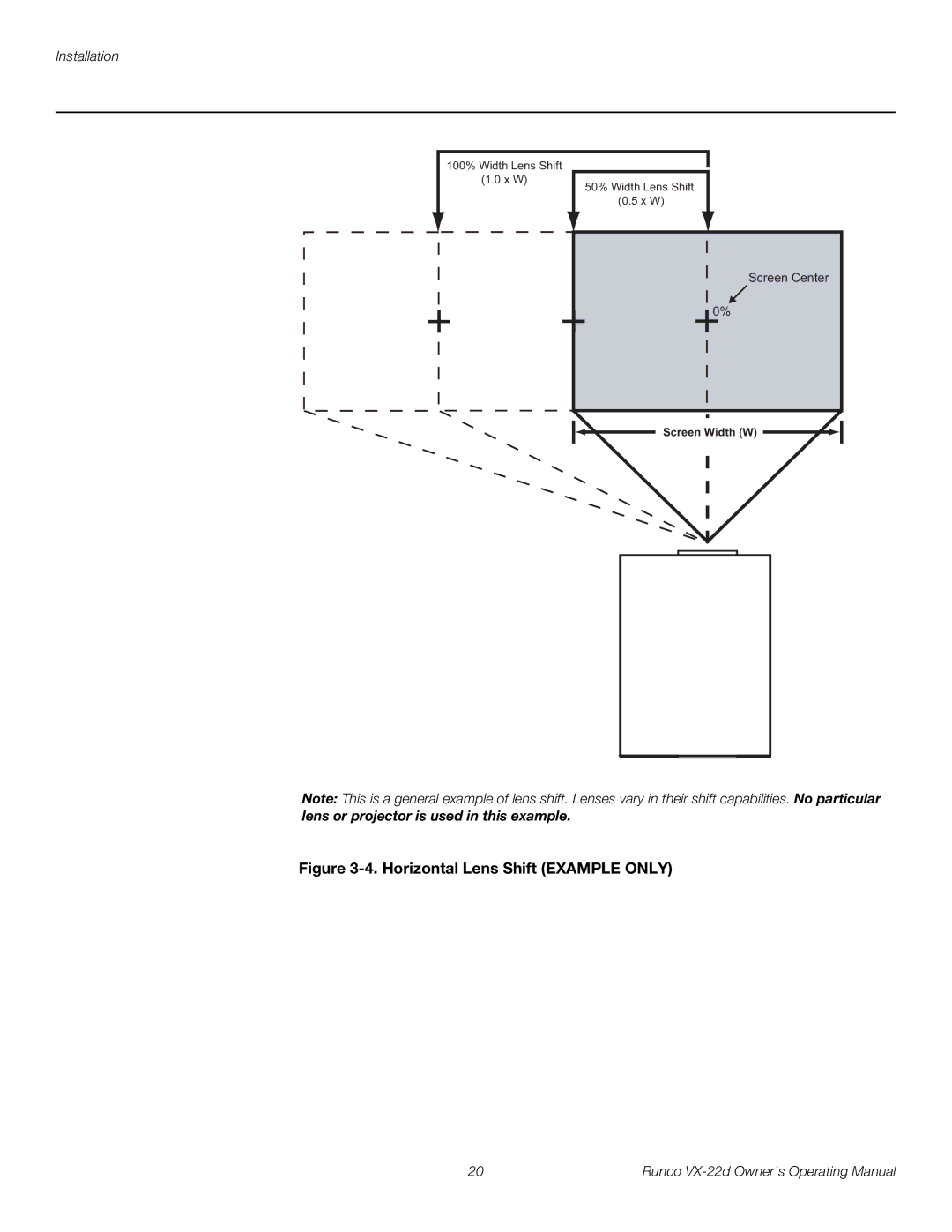 Runco VX-22D manual Horizontal Lens Shift Example only 