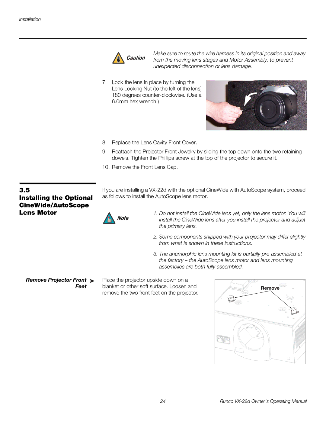 Runco VX-22D manual Installing the Optional CineWide/AutoScope Lens Motor, Remove Projector Front, Feet 